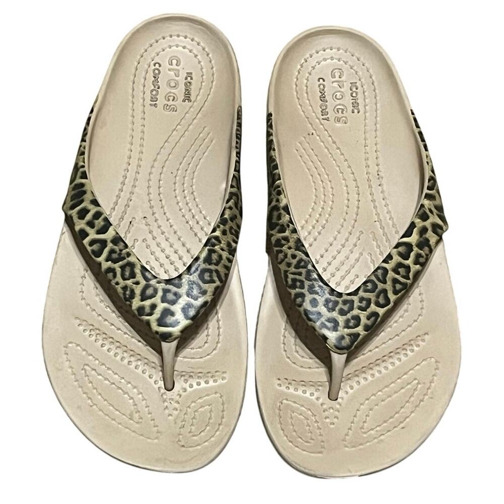 Crocs Kadee II Leopard Animal Print Flip Flop Sandals Womens Size 8 Boho Beach